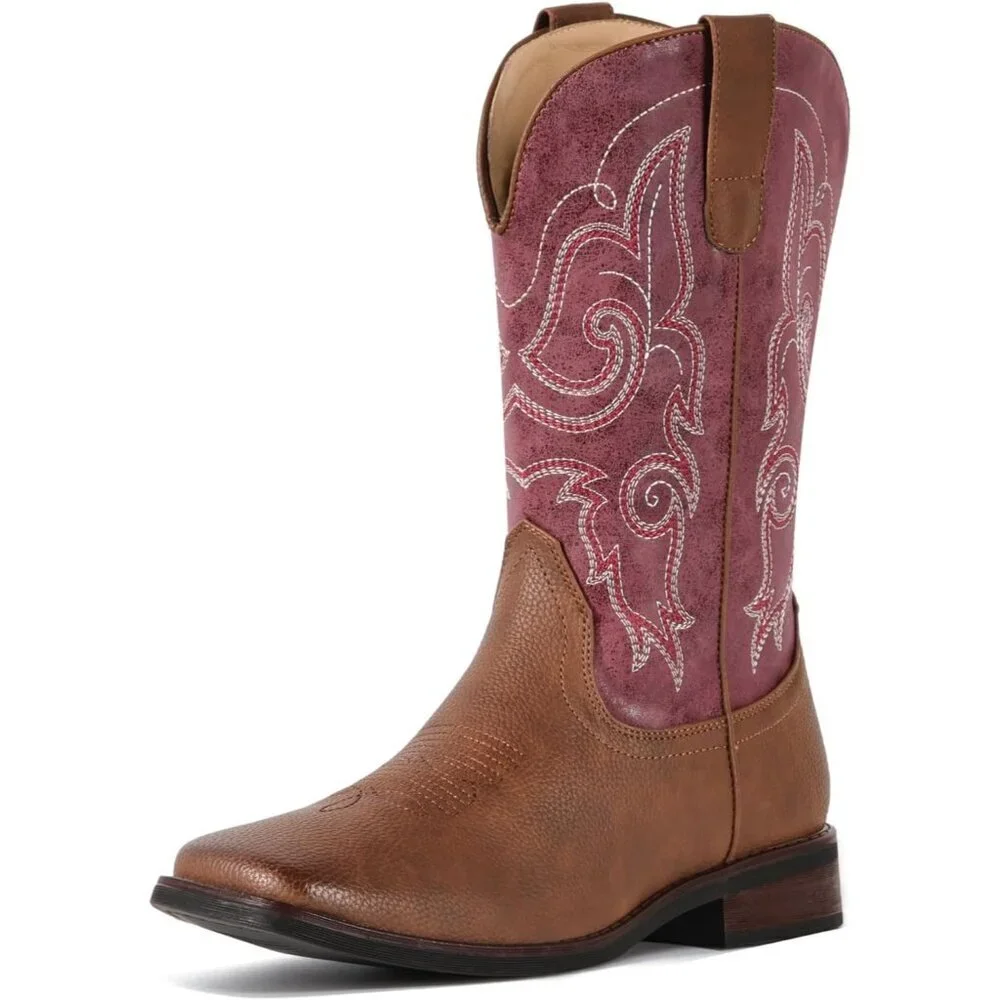 Women Wine Red Square Toe Western Mid Calf Embroidered Cowgirl Pull On Boots